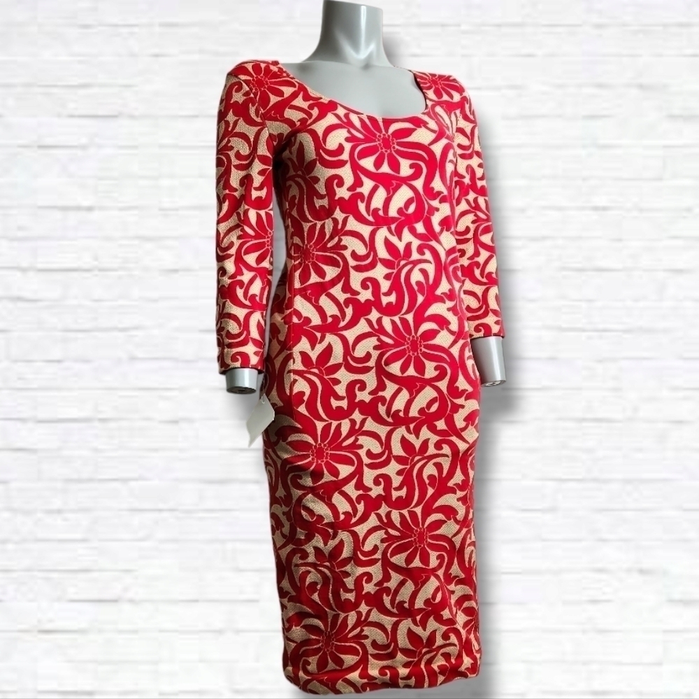 Wolford "Nahla" Red Floral Print Scoop Neck Bodycon Midi Dress Size M